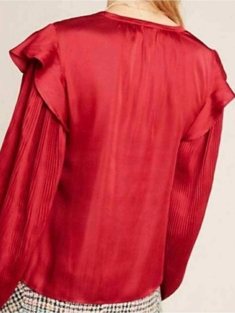 Anthropologie Dolan Left Coast Red Satin-SZ M-Pleated Balloon Sleeve Blouse - Picture 3 of 12
